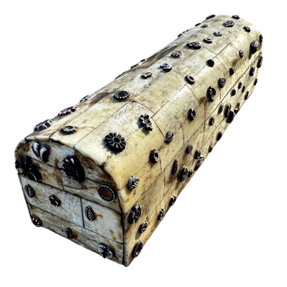 Rare Bone Tile Vintage Metal Embellishments 9 x 3 Artisan Trinket Box India